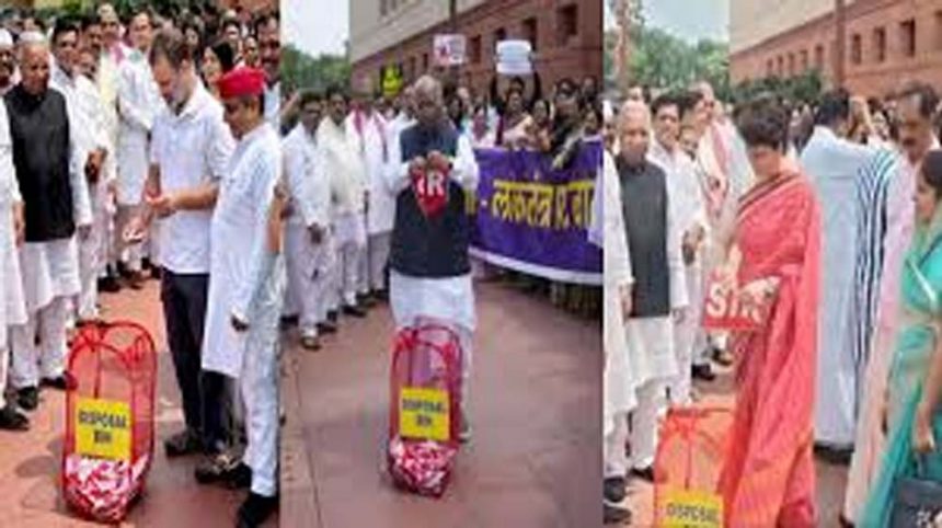 Rahul-Priyanka tore the posters with SIR written on them at the Parliament gate and threw them in the dustbin