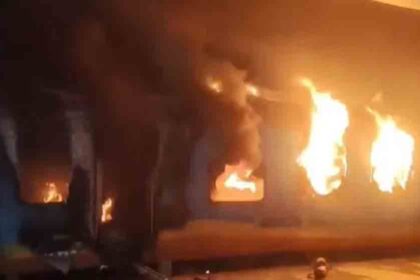 A fire broke out in the Tatanagar-Ernakulam Express train in Andhra Pradesh, killing one person.