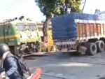 A train and a truck collided in Deoghar, Jharkhand; the rear part of the truck was damaged.