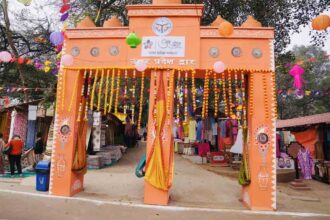 Uttar Pradesh and Meghalaya pavilions attract tourists' attention at the Surajkund Fair.